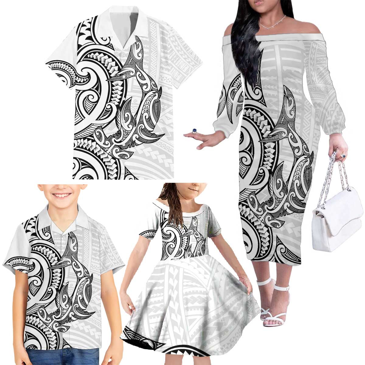 New Zealand Hammerhead Shark Family Matching Off The Shoulder Long Sleeve Dress and Hawaiian Shirt Maori Haehae Mangopare White LT14 - Polynesian Pride