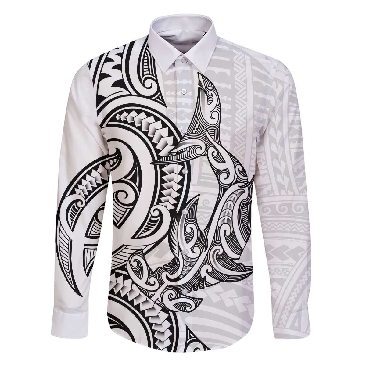 New Zealand Hammerhead Shark Family Matching Off The Shoulder Long Sleeve Dress and Hawaiian Shirt Maori Haehae Mangopare White LT14 Dad's Shirt - Long Sleeve White - Polynesian Pride