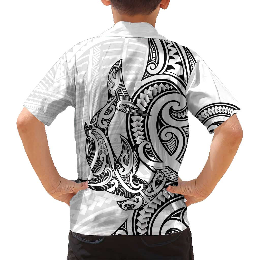 New Zealand Hammerhead Shark Family Matching Off Shoulder Maxi Dress and Hawaiian Shirt Maori Haehae Mangopare White LT14 - Polynesian Pride
