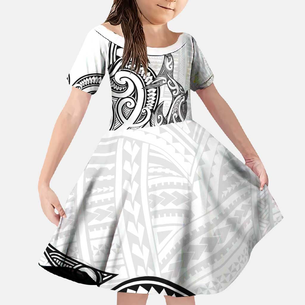 New Zealand Hammerhead Shark Family Matching Off Shoulder Maxi Dress and Hawaiian Shirt Maori Haehae Mangopare White LT14 Daughter's Dress White - Polynesian Pride