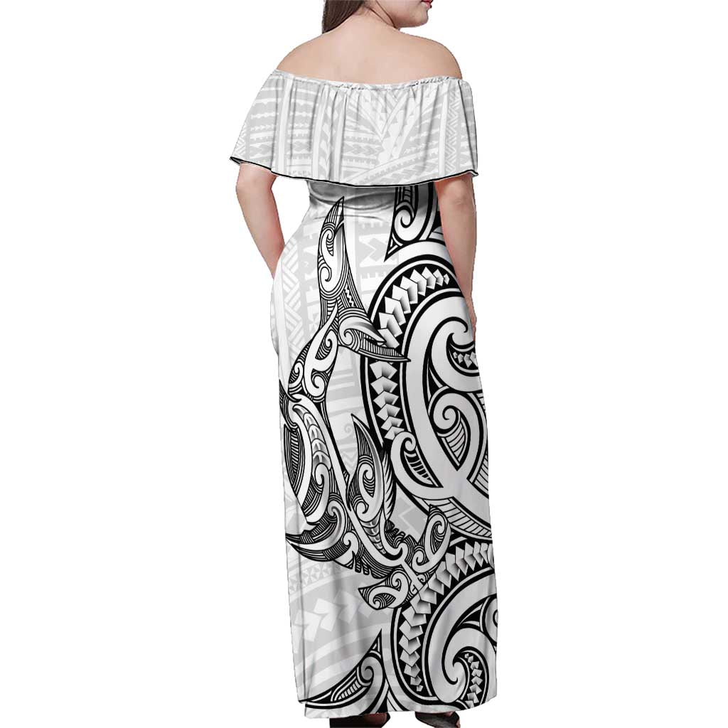 New Zealand Hammerhead Shark Family Matching Off Shoulder Maxi Dress and Hawaiian Shirt Maori Haehae Mangopare White LT14 - Polynesian Pride