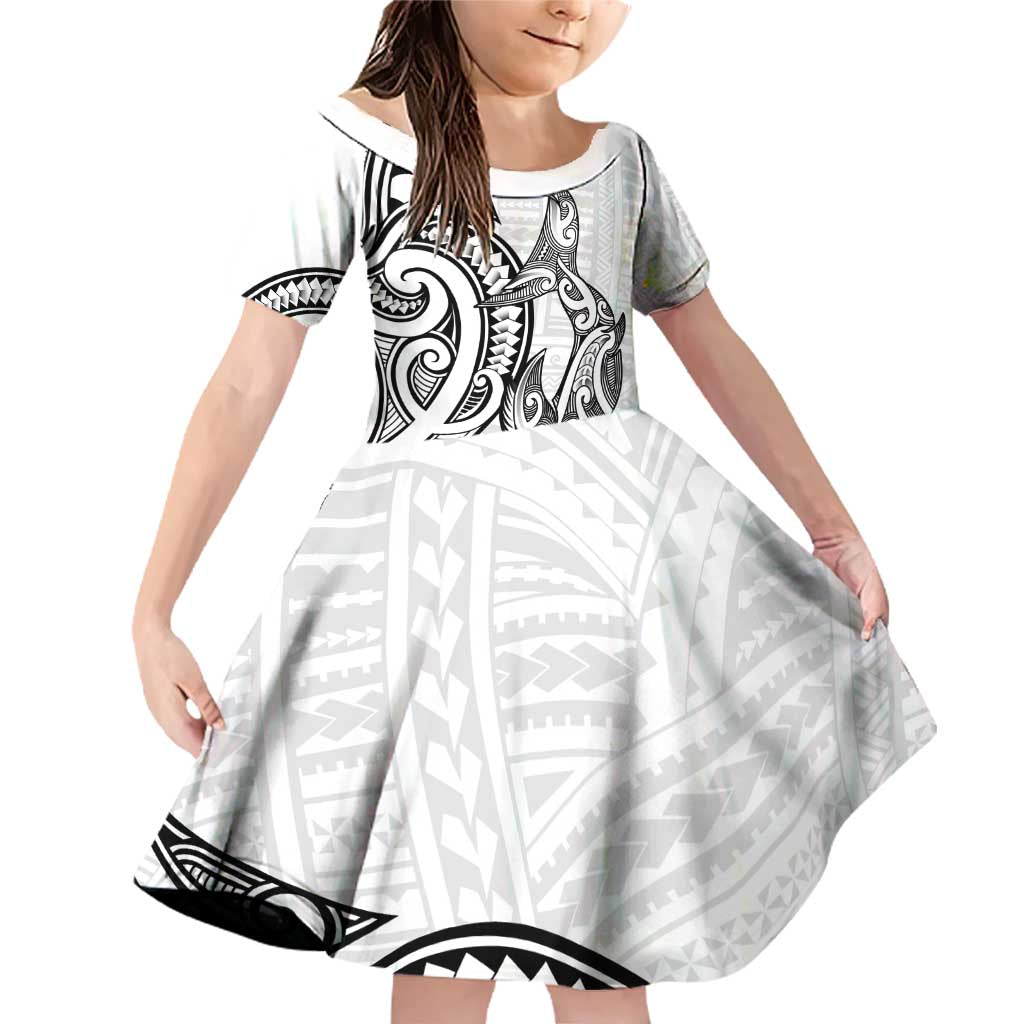 New Zealand Hammerhead Shark Family Matching Off Shoulder Short Dress and Hawaiian Shirt Maori Haehae Mangopare White LT14 Daughter's Dress White - Polynesian Pride