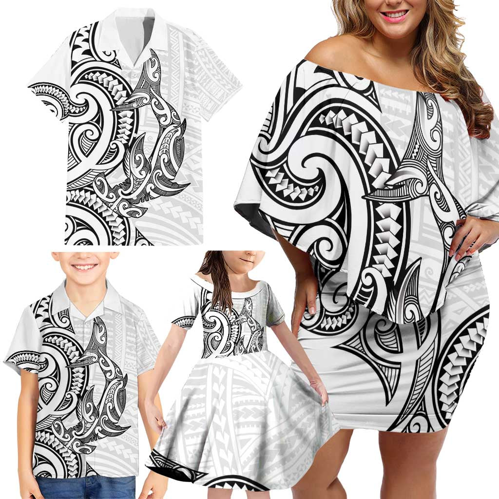 New Zealand Hammerhead Shark Family Matching Off Shoulder Short Dress and Hawaiian Shirt Maori Haehae Mangopare White LT14 - Polynesian Pride