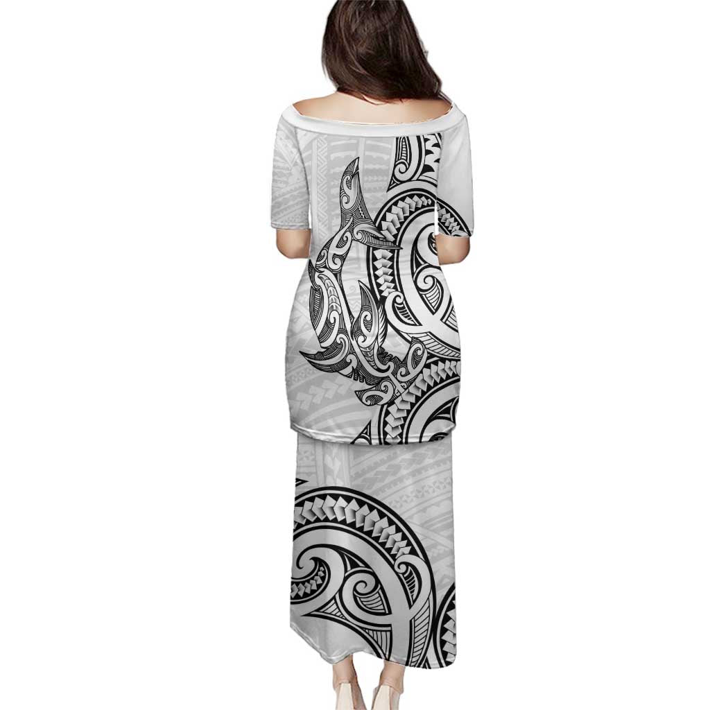 New Zealand Hammerhead Shark Family Matching Puletasi and Hawaiian Shirt Maori Haehae Mangopare White LT14 - Polynesian Pride