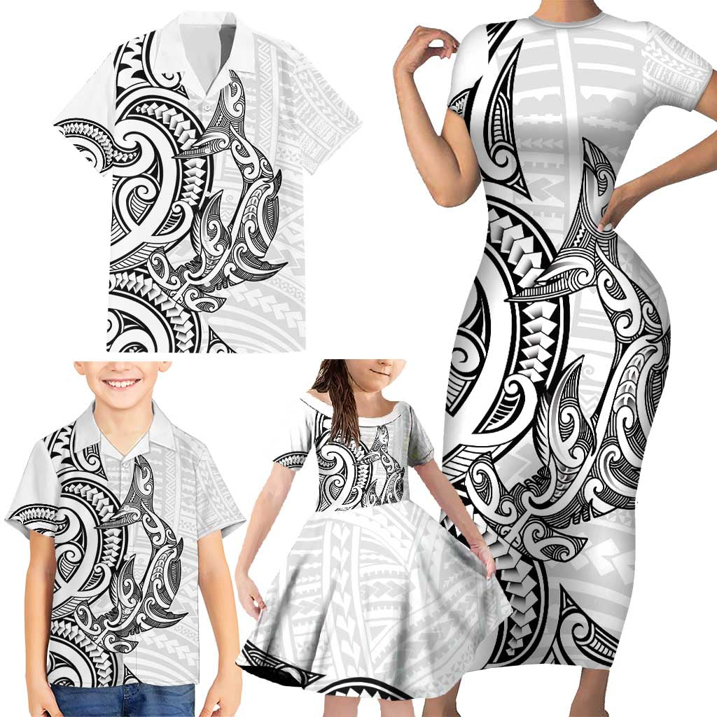 New Zealand Hammerhead Shark Family Matching Short Sleeve Bodycon Dress and Hawaiian Shirt Maori Haehae Mangopare White LT14 - Polynesian Pride
