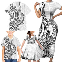 New Zealand Hammerhead Shark Family Matching Short Sleeve Bodycon Dress and Hawaiian Shirt Maori Haehae Mangopare White LT14 - Polynesian Pride