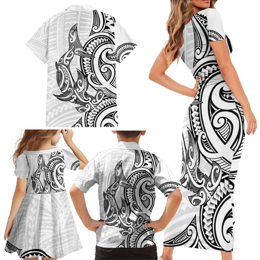 New Zealand Hammerhead Shark Family Matching Short Sleeve Bodycon Dress and Hawaiian Shirt Maori Haehae Mangopare White LT14 - Polynesian Pride