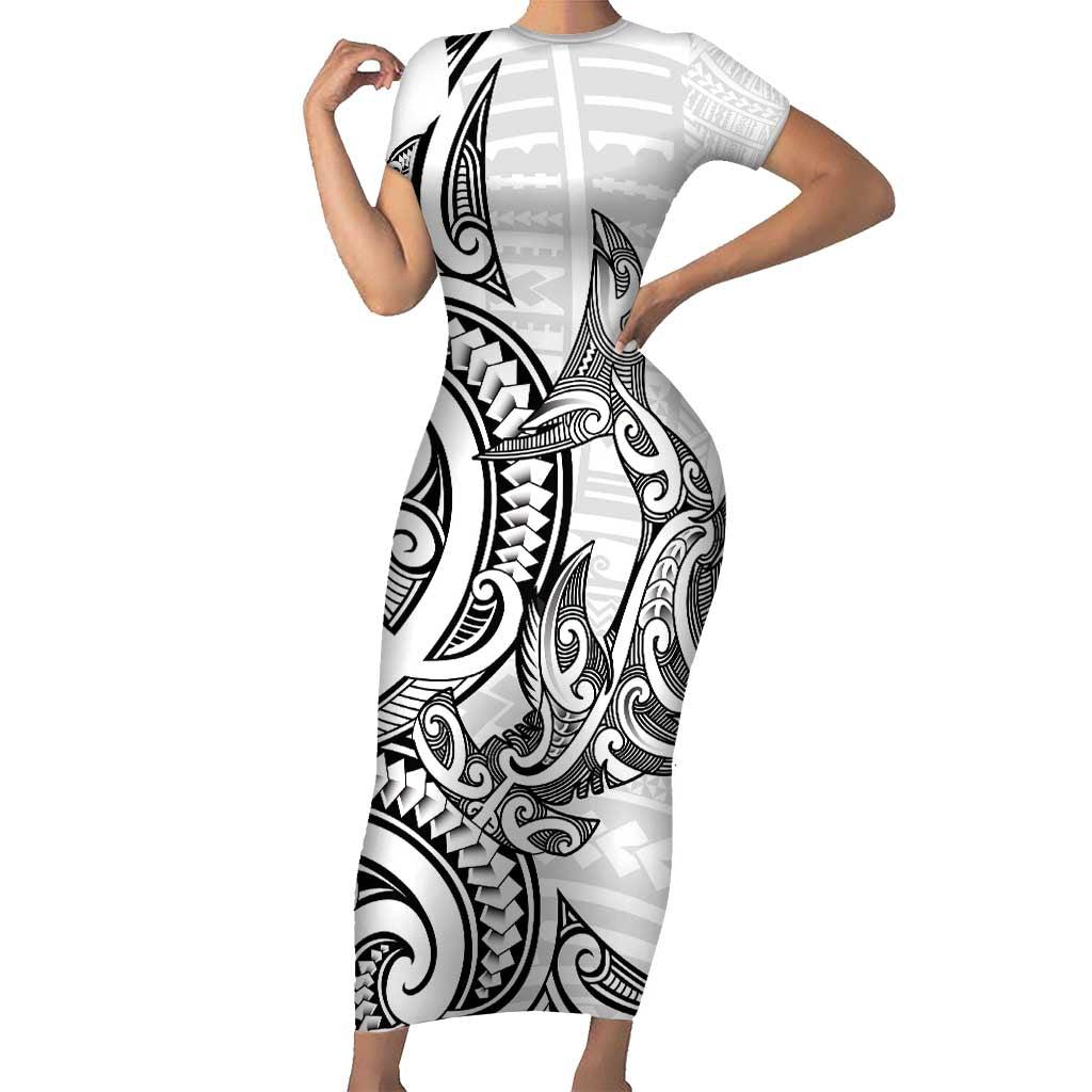 New Zealand Hammerhead Shark Family Matching Short Sleeve Bodycon Dress and Hawaiian Shirt Maori Haehae Mangopare White LT14 Mom's Dress White - Polynesian Pride