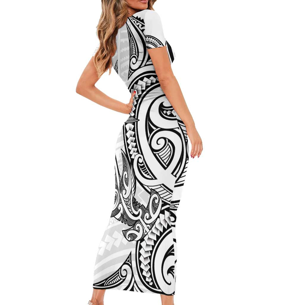 New Zealand Hammerhead Shark Family Matching Short Sleeve Bodycon Dress and Hawaiian Shirt Maori Haehae Mangopare White LT14 - Polynesian Pride