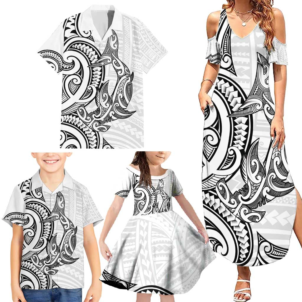 New Zealand Hammerhead Shark Family Matching Summer Maxi Dress and Hawaiian Shirt Maori Haehae Mangopare White - Polynesian Pride