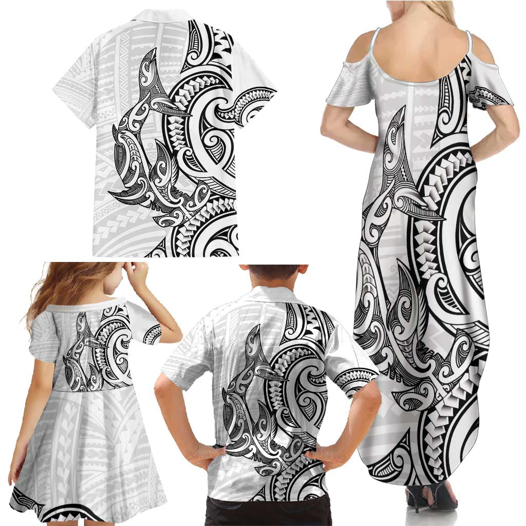 New Zealand Hammerhead Shark Family Matching Summer Maxi Dress and Hawaiian Shirt Maori Haehae Mangopare White LT14 - Polynesian Pride