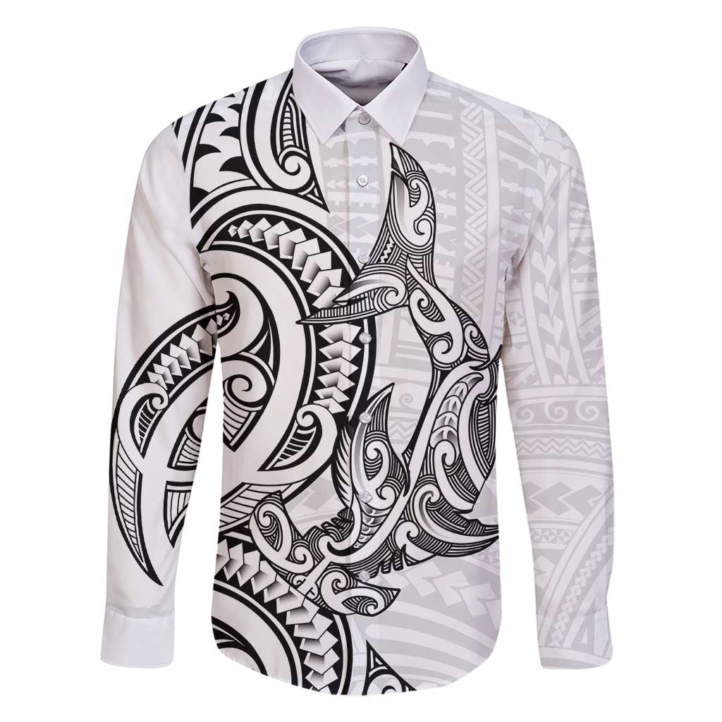 New Zealand Hammerhead Shark Family Matching Summer Maxi Dress and Hawaiian Shirt Maori Haehae Mangopare White LT14 Dad's Shirt - Long Sleeve White - Polynesian Pride