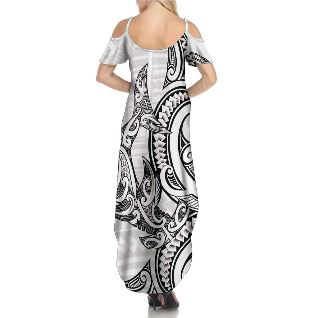 New Zealand Hammerhead Shark Family Matching Summer Maxi Dress and Hawaiian Shirt Maori Haehae Mangopare White LT14 - Polynesian Pride