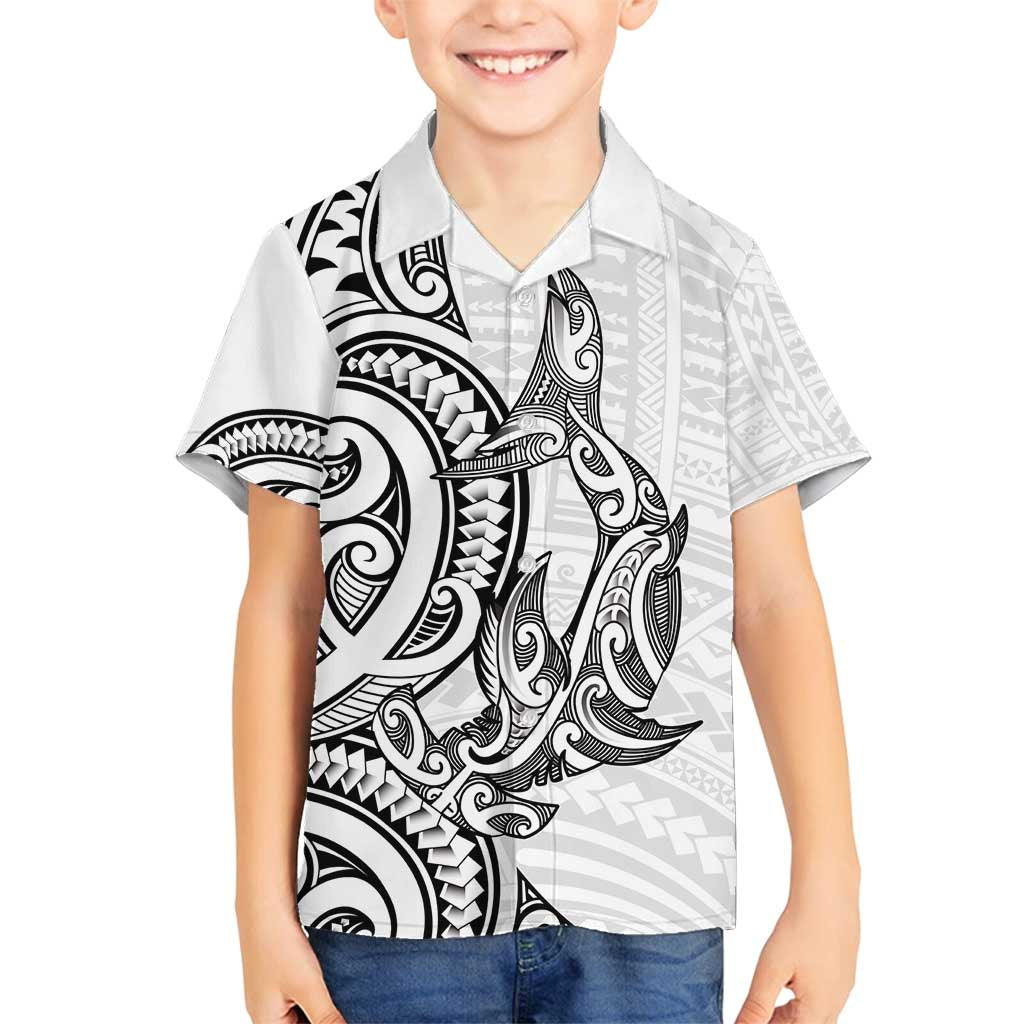 New Zealand Hammerhead Shark Family Matching Summer Maxi Dress and Hawaiian Shirt Maori Haehae Mangopare White LT14 Son's Shirt White - Polynesian Pride