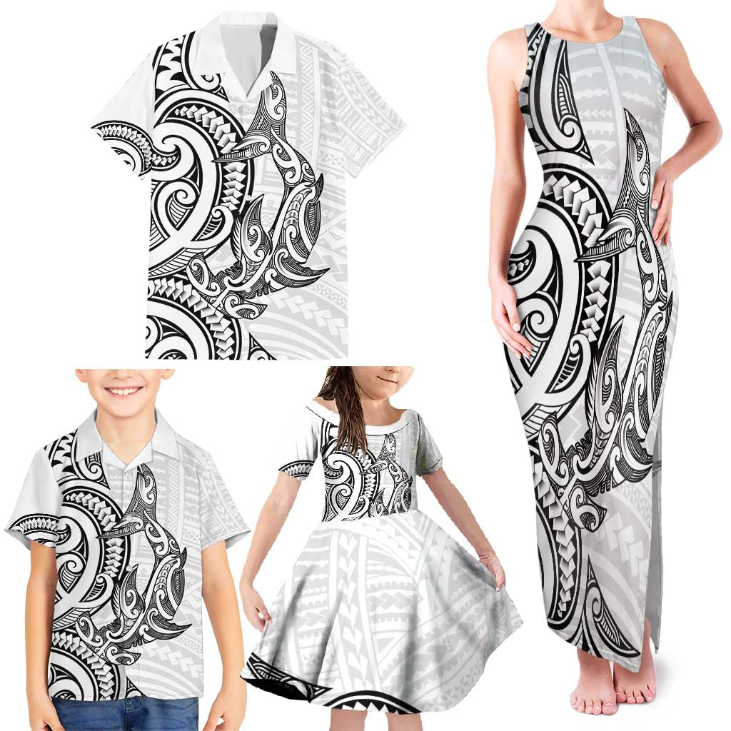 New Zealand Hammerhead Shark Family Matching Tank Maxi Dress and Hawaiian Shirt Maori Haehae Mangopare White LT14 - Polynesian Pride