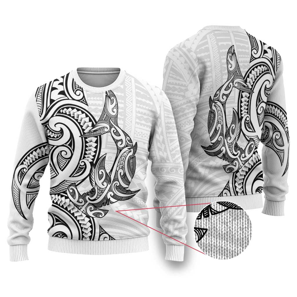 New Zealand Hammerhead Shark Ugly Christmas Sweater Maori Haehae Mangopare White - Polynesian Pride