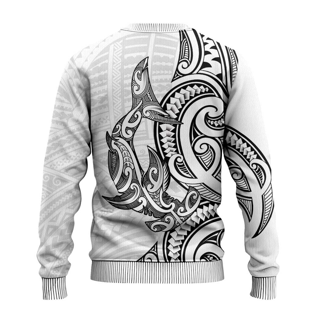 New Zealand Hammerhead Shark Ugly Christmas Sweater Maori Haehae Mangopare White - Polynesian Pride
