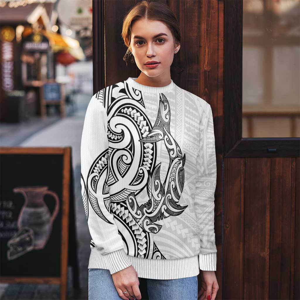 New Zealand Hammerhead Shark Ugly Christmas Sweater Maori Haehae Mangopare White - Polynesian Pride