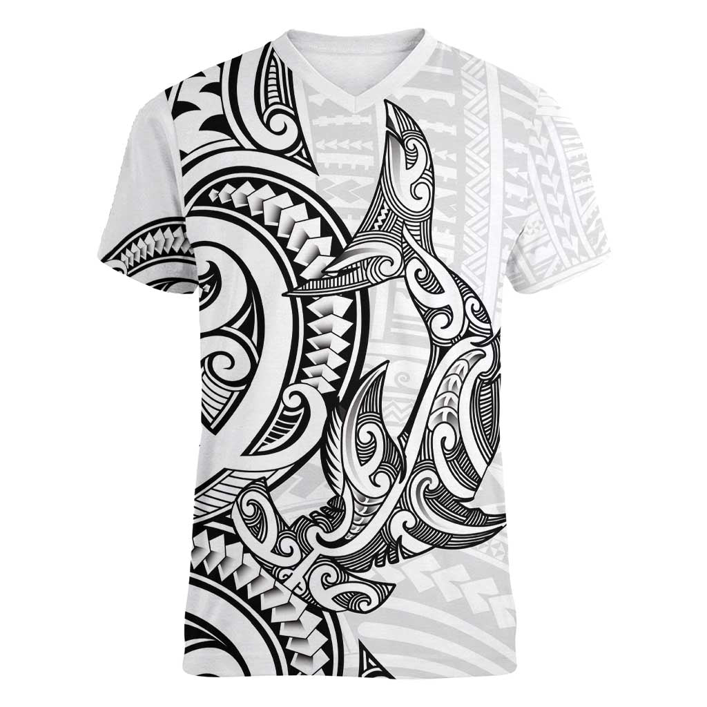 New Zealand Hammerhead Shark Women V-Neck T-Shirt Maori Haehae Mangopare White - Polynesian Pride