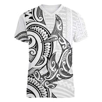New Zealand Hammerhead Shark Women V-Neck T-Shirt Maori Haehae Mangopare White LT14 Female White - Polynesian Pride