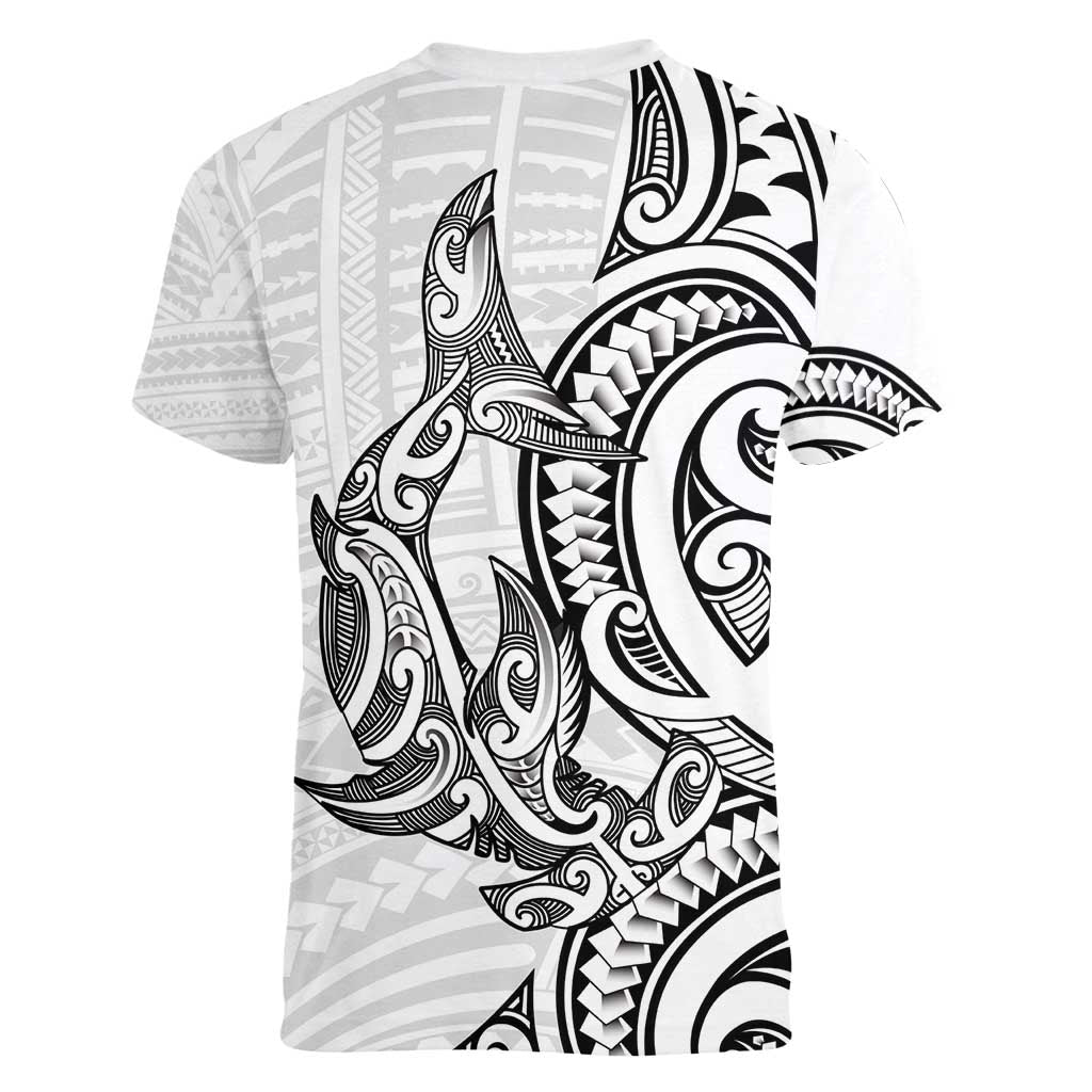 New Zealand Hammerhead Shark Women V-Neck T-Shirt Maori Haehae Mangopare White LT14 - Polynesian Pride