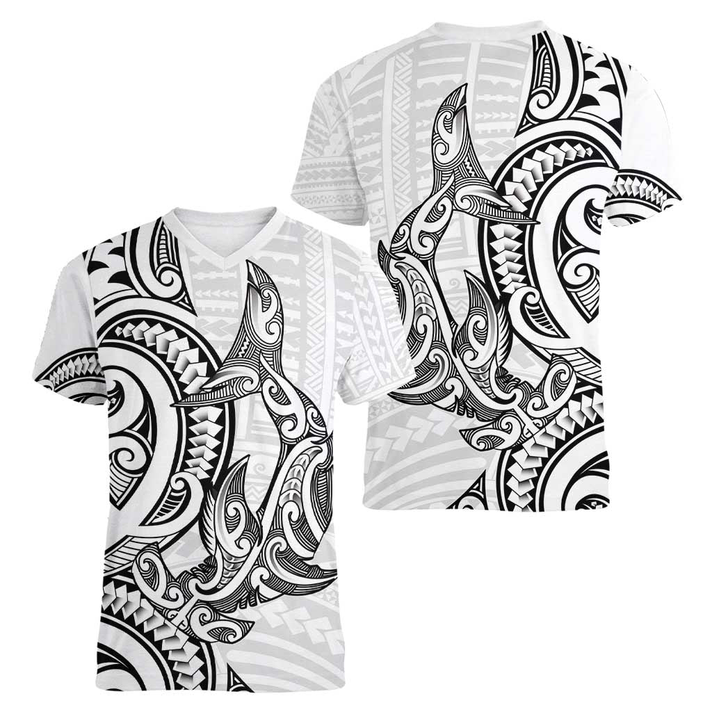 New Zealand Hammerhead Shark Women V-Neck T-Shirt Maori Haehae Mangopare White LT14 - Polynesian Pride
