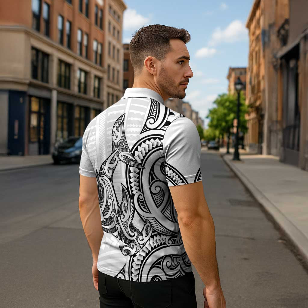 New Zealand Hammerhead Shark Zipper Polo Shirt Maori Haehae Mangopare White - Polynesian Pride