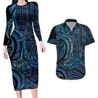 New Zealand Hammerhead Shark Couples Matching Long Sleeve Bodycon Dress and Hawaiian Shirt Maori Haehae Mangopare Galaxy LT14 Blue - Polynesian Pride