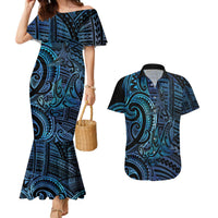 New Zealand Hammerhead Shark Couples Matching Mermaid Dress and Hawaiian Shirt Maori Haehae Mangopare Galaxy LT14 Blue - Polynesian Pride
