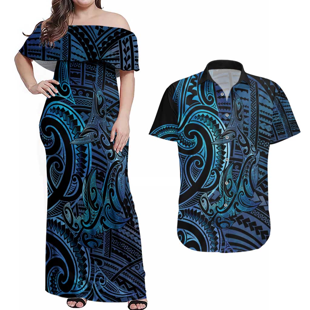 New Zealand Hammerhead Shark Couples Matching Off Shoulder Maxi Dress and Hawaiian Shirt Maori Haehae Mangopare Galaxy LT14 Blue - Polynesian Pride
