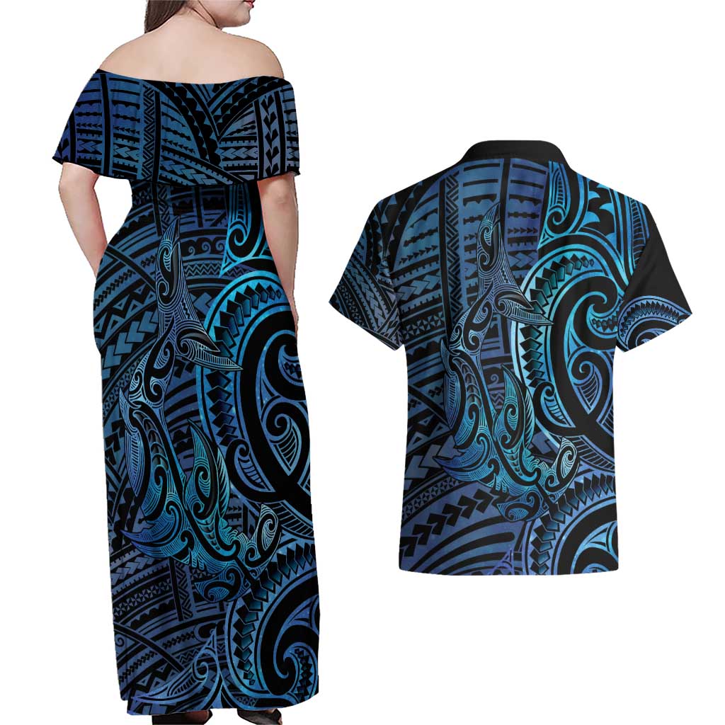 New Zealand Hammerhead Shark Couples Matching Off Shoulder Maxi Dress and Hawaiian Shirt Maori Haehae Mangopare Galaxy LT14 - Polynesian Pride