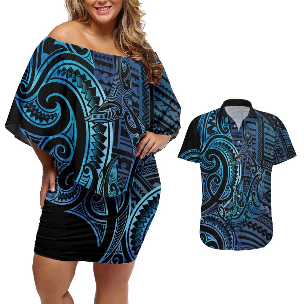 New Zealand Hammerhead Shark Couples Matching Off Shoulder Short Dress and Hawaiian Shirt Maori Haehae Mangopare Galaxy LT14 Blue - Polynesian Pride