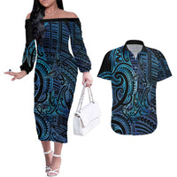 New Zealand Hammerhead Shark Couples Matching Off The Shoulder Long Sleeve Dress and Hawaiian Shirt Maori Haehae Mangopare Galaxy LT14 Blue - Polynesian Pride