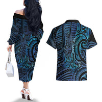 New Zealand Hammerhead Shark Couples Matching Off The Shoulder Long Sleeve Dress and Hawaiian Shirt Maori Haehae Mangopare Galaxy LT14 - Polynesian Pride