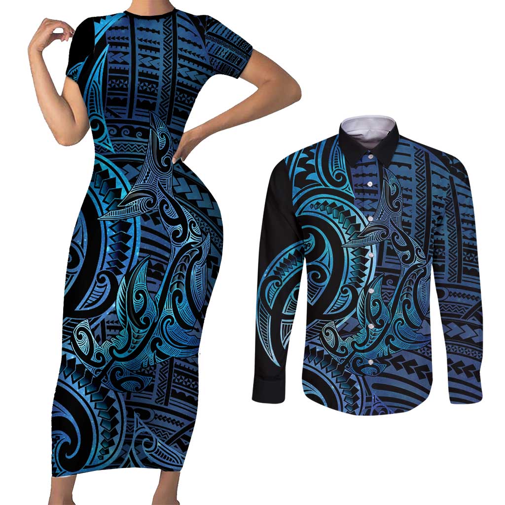 New Zealand Hammerhead Shark Couples Matching Short Sleeve Bodycon Dress and Long Sleeve Button Shirt Maori Haehae Mangopare Galaxy - Polynesian Pride