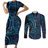 New Zealand Hammerhead Shark Couples Matching Short Sleeve Bodycon Dress and Long Sleeve Button Shirt Maori Haehae Mangopare Galaxy - Polynesian Pride