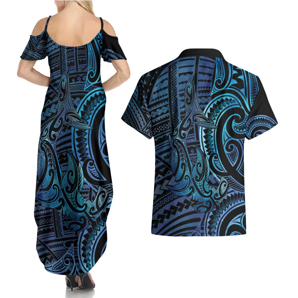 New Zealand Hammerhead Shark Couples Matching Summer Maxi Dress and Hawaiian Shirt Maori Haehae Mangopare Galaxy LT14 - Polynesian Pride