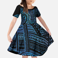 New Zealand Hammerhead Shark Family Matching Long Sleeve Bodycon Dress and Hawaiian Shirt Maori Haehae Mangopare Galaxy LT14 Daughter's Dress Blue - Polynesian Pride