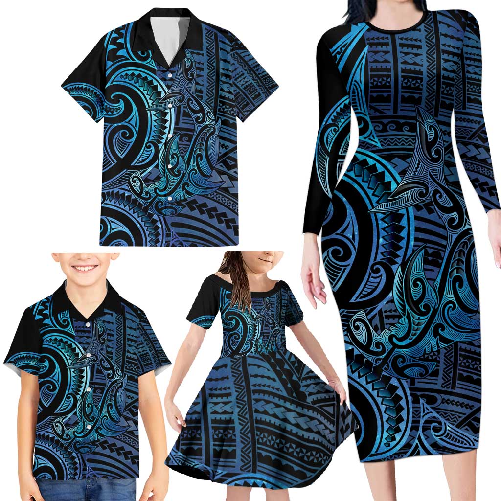 New Zealand Hammerhead Shark Family Matching Long Sleeve Bodycon Dress and Hawaiian Shirt Maori Haehae Mangopare Galaxy LT14 - Polynesian Pride