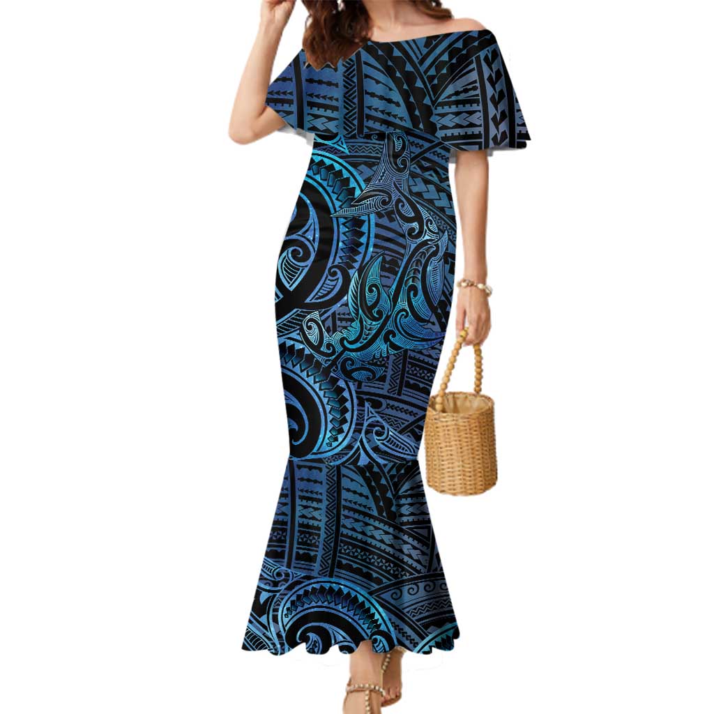 New Zealand Hammerhead Shark Family Matching Mermaid Dress and Hawaiian Shirt Maori Haehae Mangopare Galaxy LT14 Mom's Dress Blue - Polynesian Pride