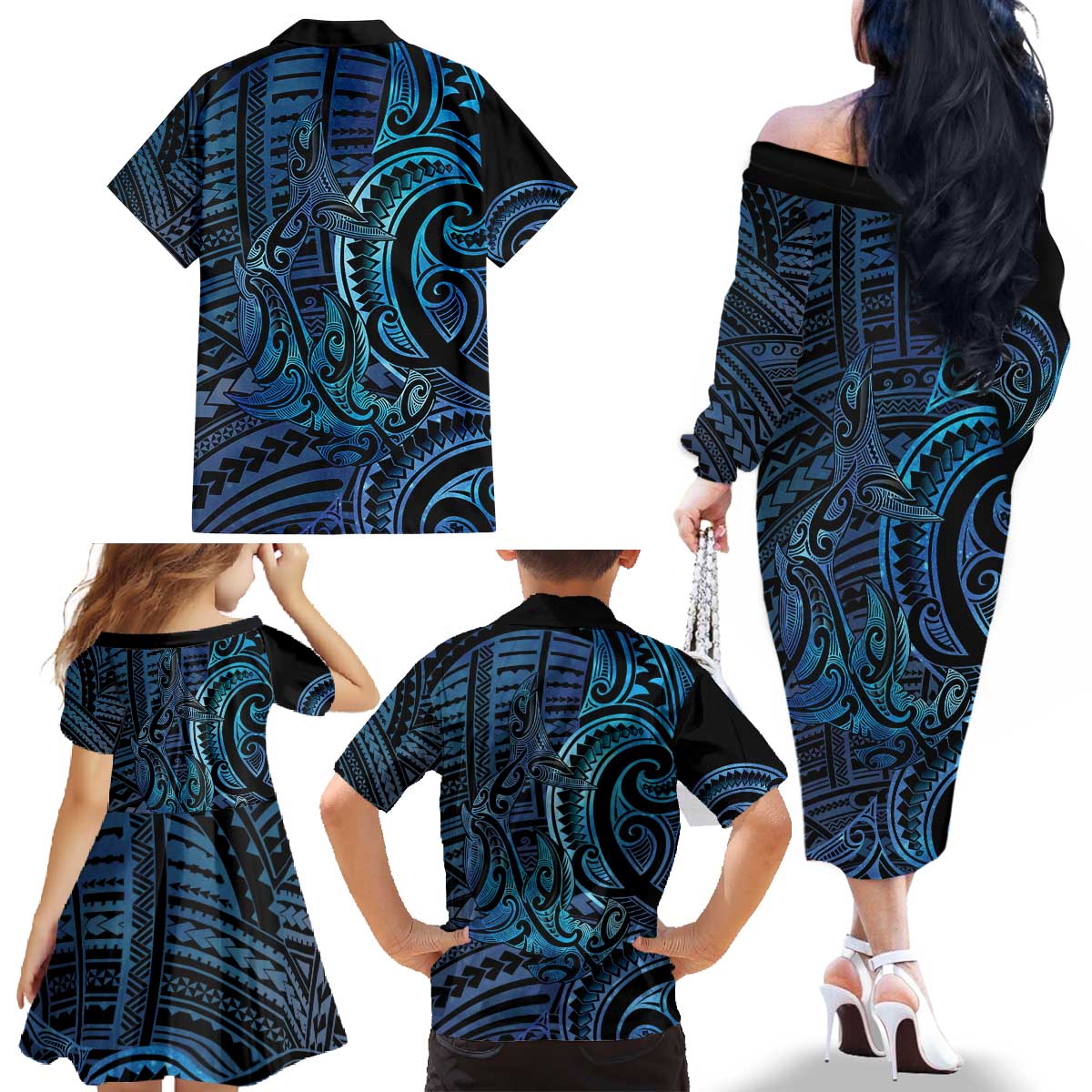 New Zealand Hammerhead Shark Family Matching Off The Shoulder Long Sleeve Dress and Hawaiian Shirt Maori Haehae Mangopare Galaxy LT14 - Polynesian Pride