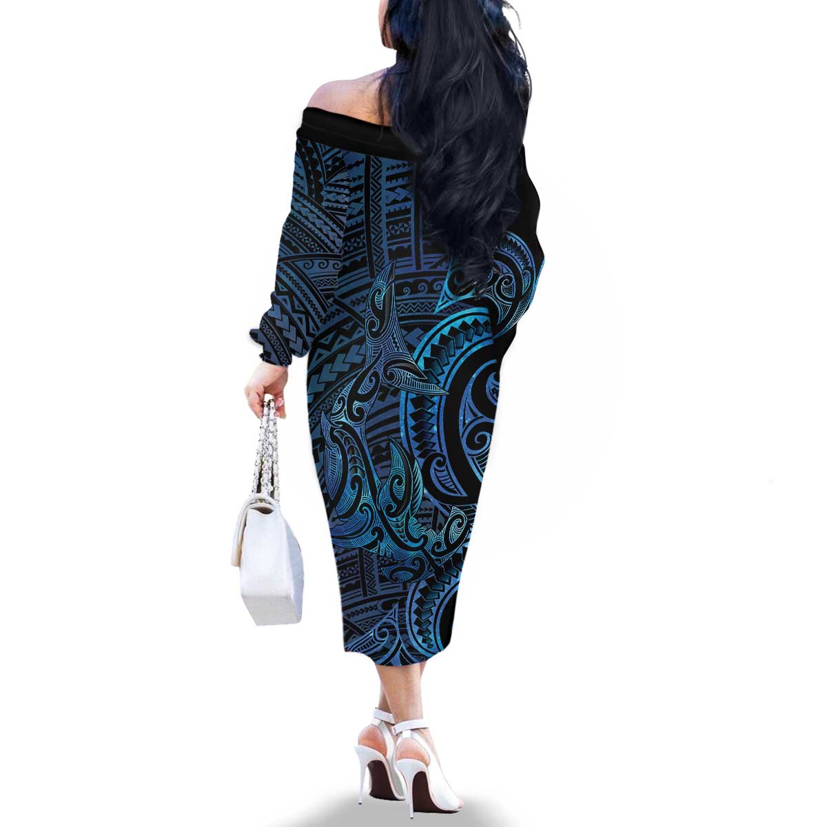 New Zealand Hammerhead Shark Family Matching Off The Shoulder Long Sleeve Dress and Hawaiian Shirt Maori Haehae Mangopare Galaxy LT14 - Polynesian Pride