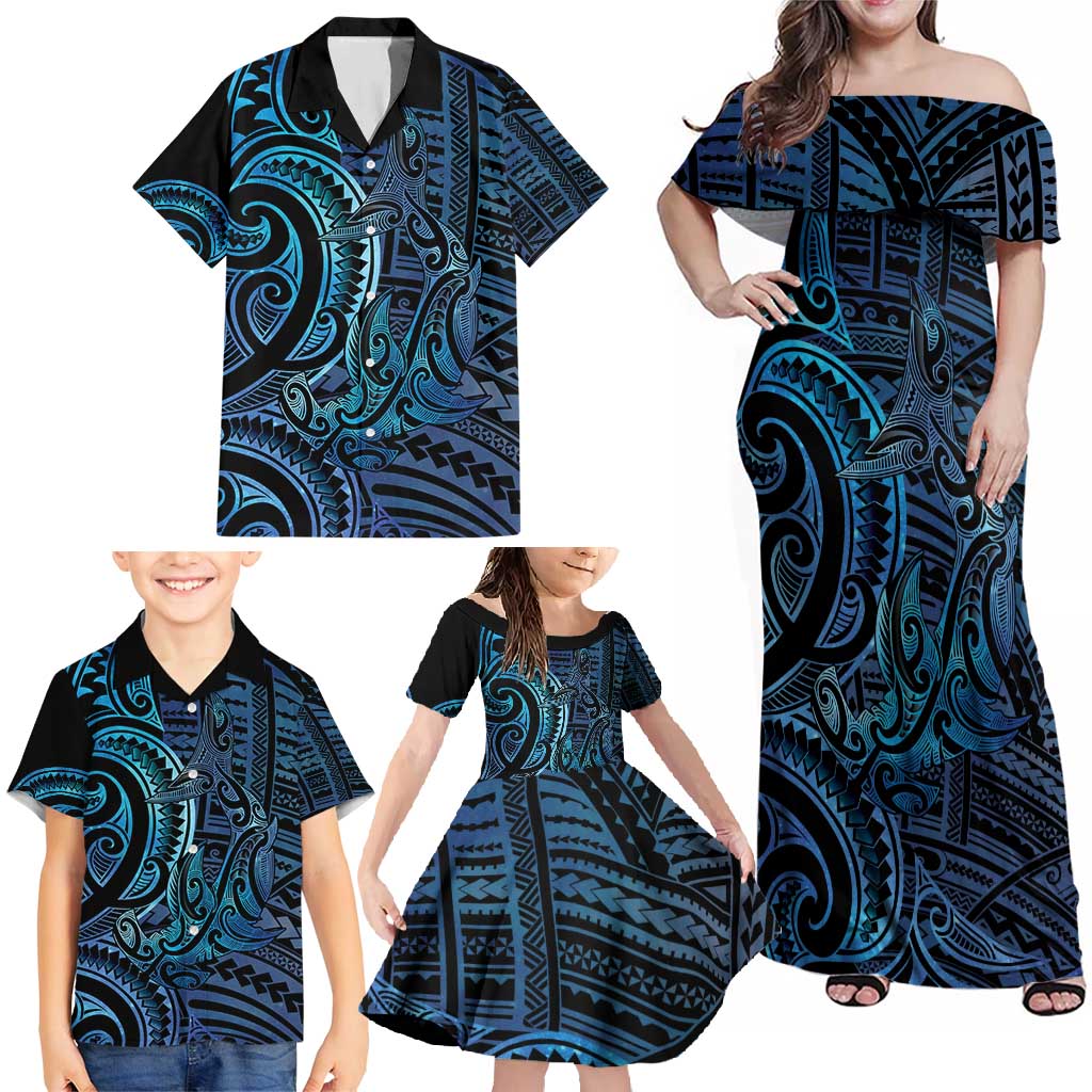 New Zealand Hammerhead Shark Family Matching Off Shoulder Maxi Dress and Hawaiian Shirt Maori Haehae Mangopare Galaxy LT14 - Polynesian Pride