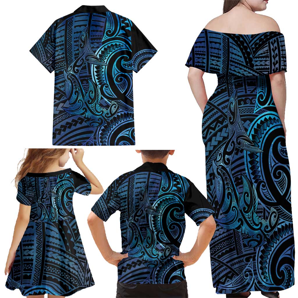 New Zealand Hammerhead Shark Family Matching Off Shoulder Maxi Dress and Hawaiian Shirt Maori Haehae Mangopare Galaxy LT14 - Polynesian Pride