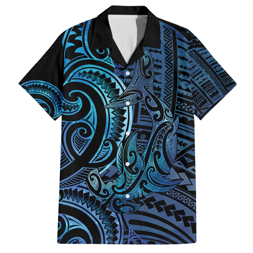 New Zealand Hammerhead Shark Family Matching Off Shoulder Maxi Dress and Hawaiian Shirt Maori Haehae Mangopare Galaxy LT14 Dad's Shirt - Short Sleeve Blue - Polynesian Pride
