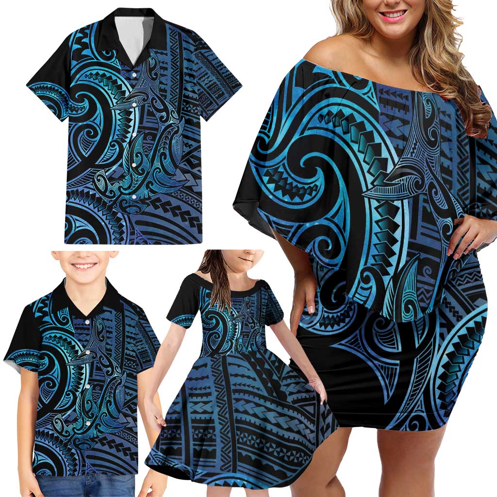 New Zealand Hammerhead Shark Family Matching Off Shoulder Short Dress and Hawaiian Shirt Maori Haehae Mangopare Galaxy LT14 - Polynesian Pride