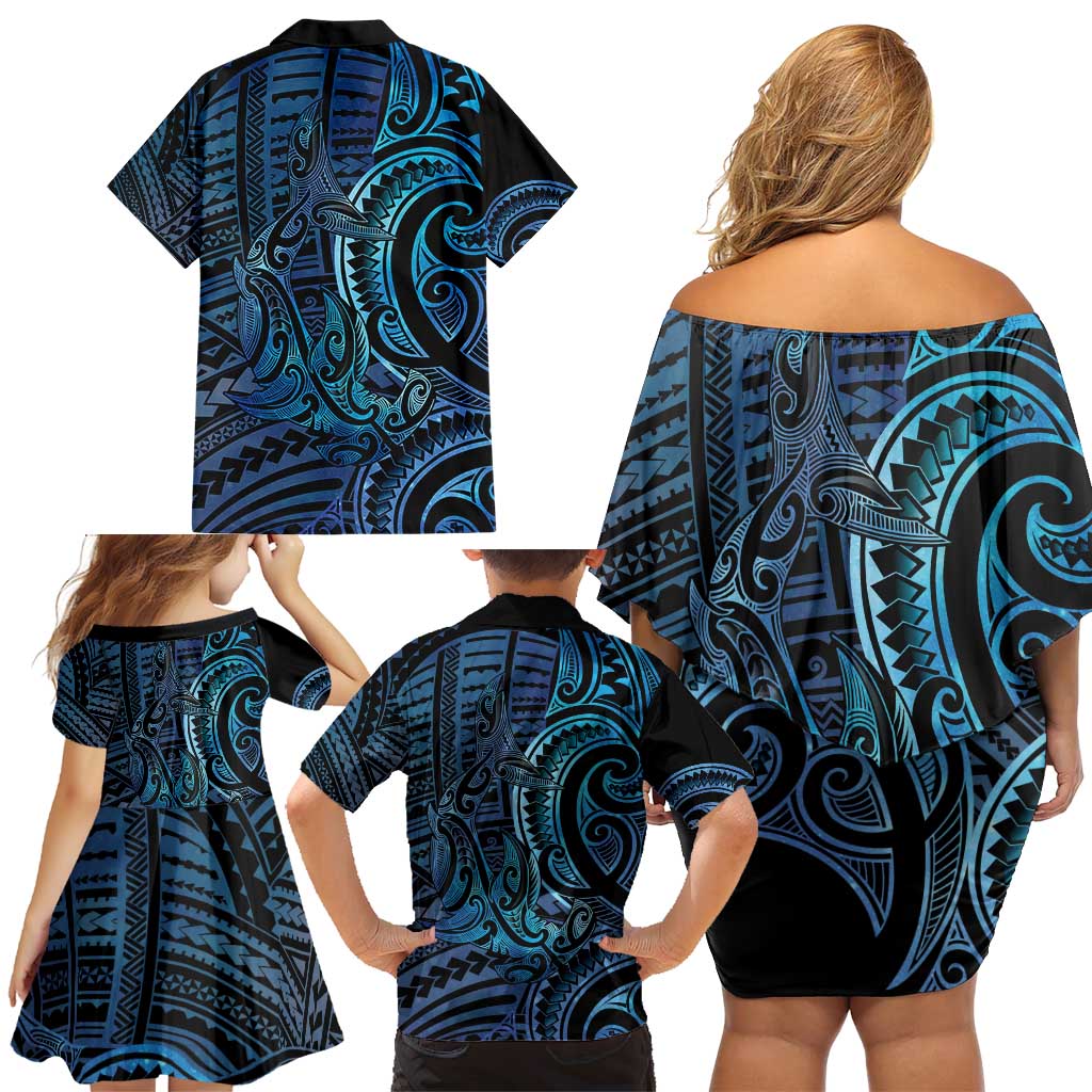 New Zealand Hammerhead Shark Family Matching Off Shoulder Short Dress and Hawaiian Shirt Maori Haehae Mangopare Galaxy LT14 - Polynesian Pride