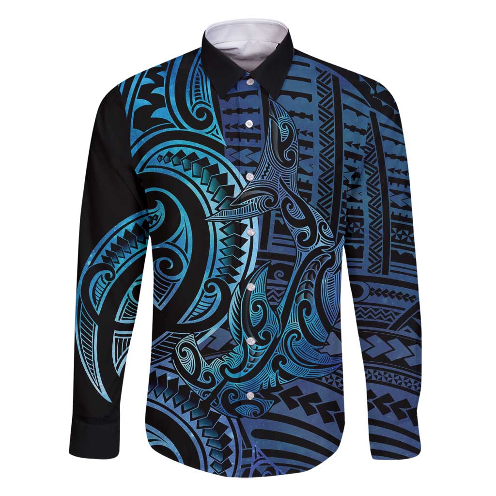 New Zealand Hammerhead Shark Family Matching Off Shoulder Short Dress and Hawaiian Shirt Maori Haehae Mangopare Galaxy LT14 Dad's Shirt - Long Sleeve Blue - Polynesian Pride