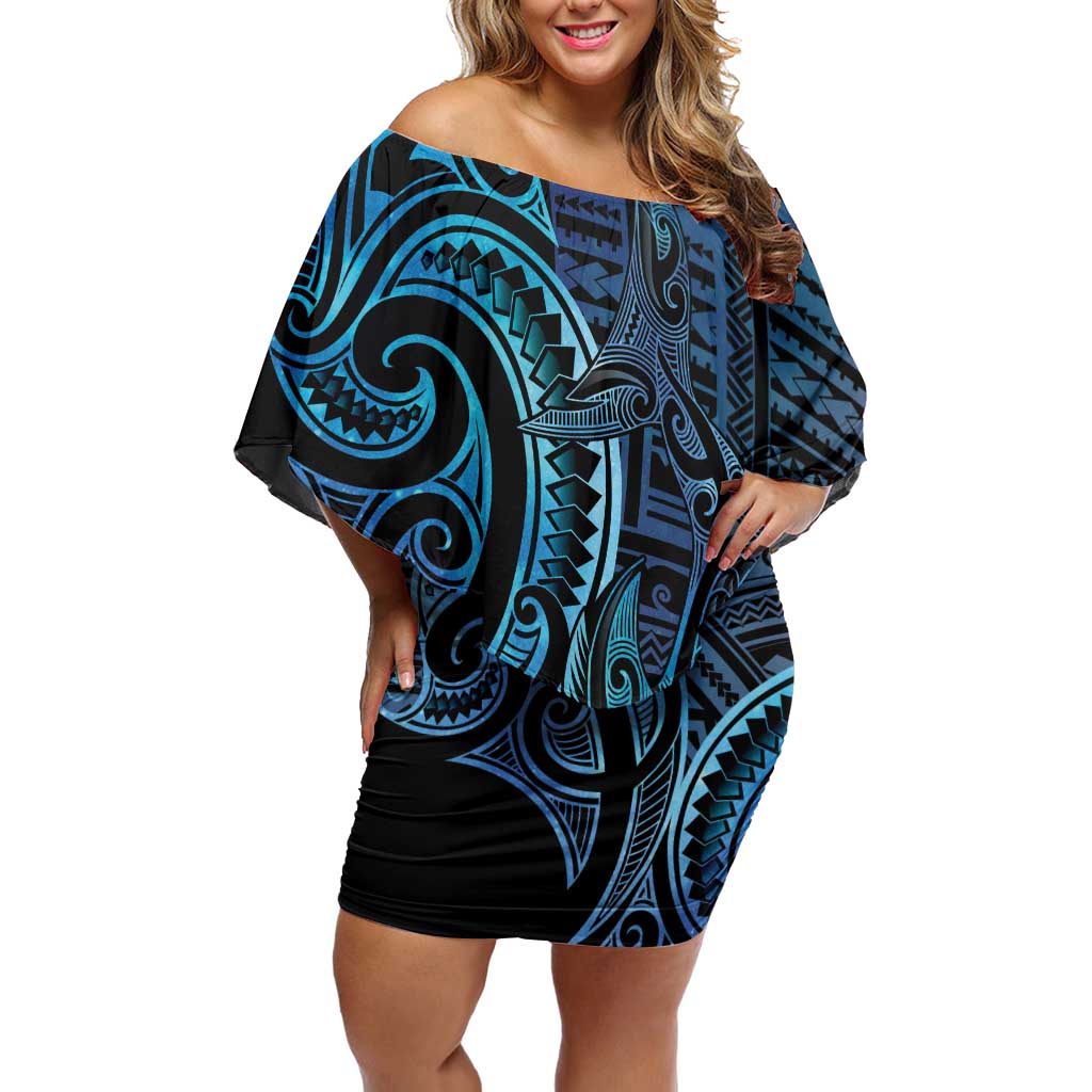 New Zealand Hammerhead Shark Family Matching Off Shoulder Short Dress and Hawaiian Shirt Maori Haehae Mangopare Galaxy LT14 Mom's Dress Blue - Polynesian Pride
