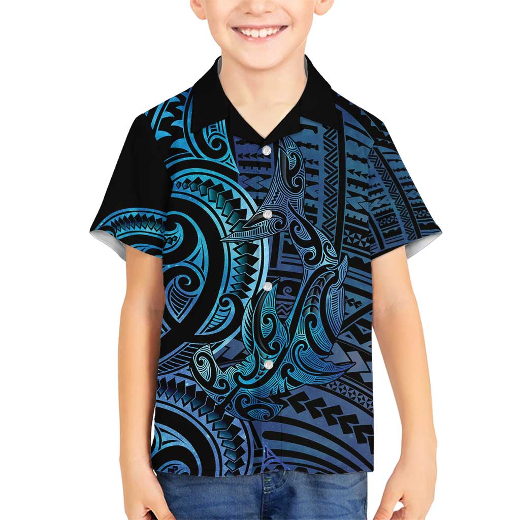 New Zealand Hammerhead Shark Family Matching Off Shoulder Short Dress and Hawaiian Shirt Maori Haehae Mangopare Galaxy LT14 Son's Shirt Blue - Polynesian Pride